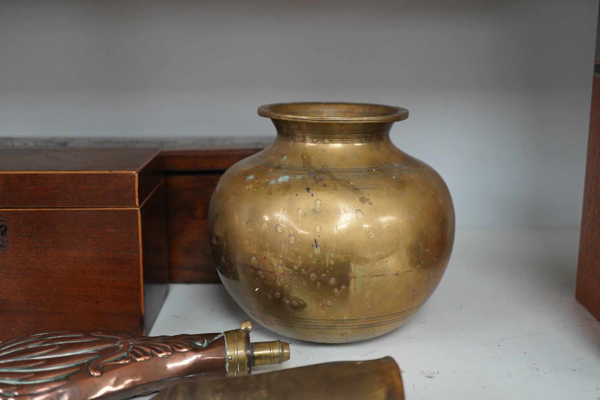 A 19th century inlaid rosewood 'Grabuge' box, a tea caddy, two shot flasks, telescope and brass bowl, largest 34cm wide. Condition - mostly fair